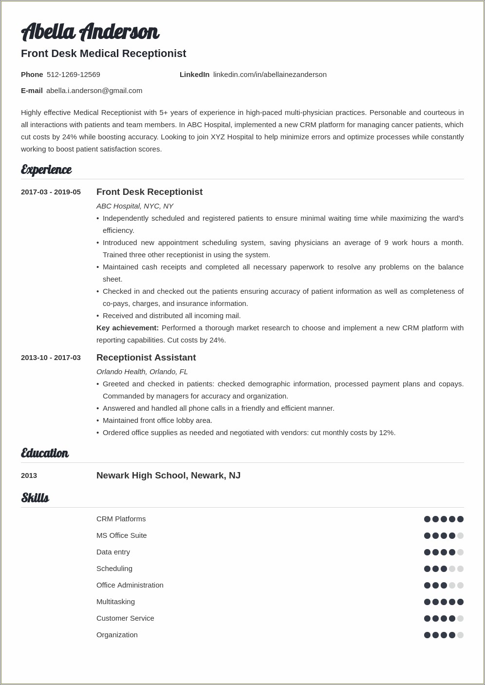 Medical Front Desk Receptionist Resume Samples