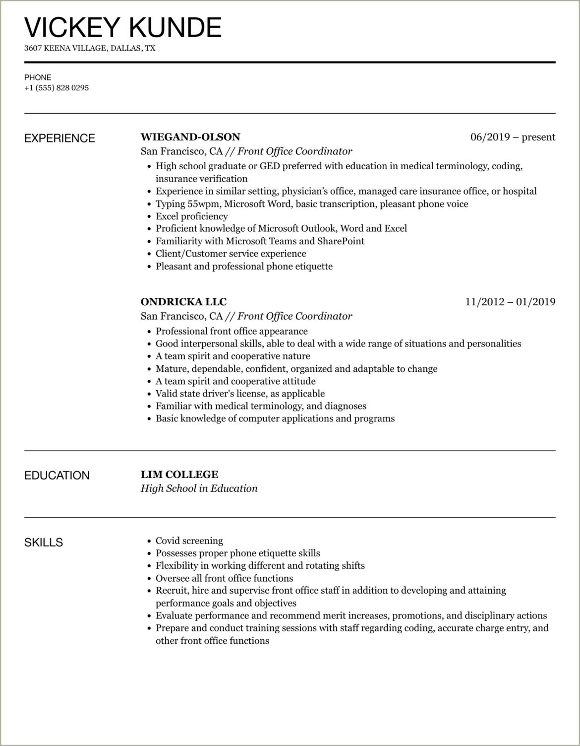 Medical Front Office Coordinator Resume Example