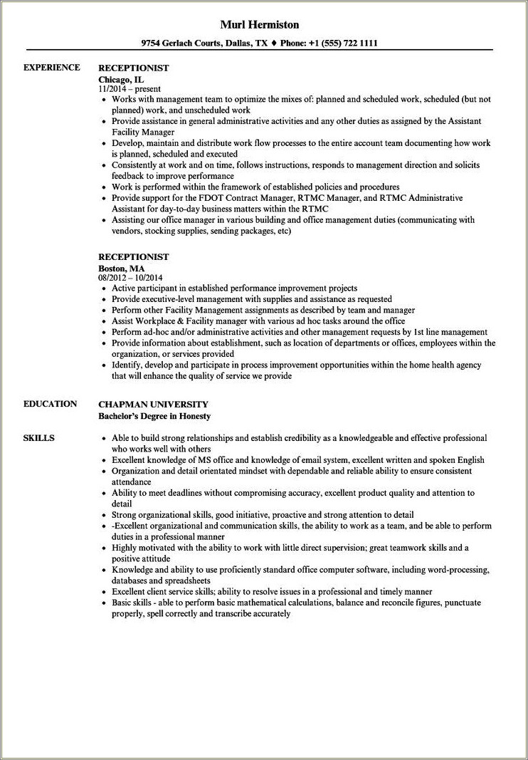 Medical Front Office Job Description For Resume