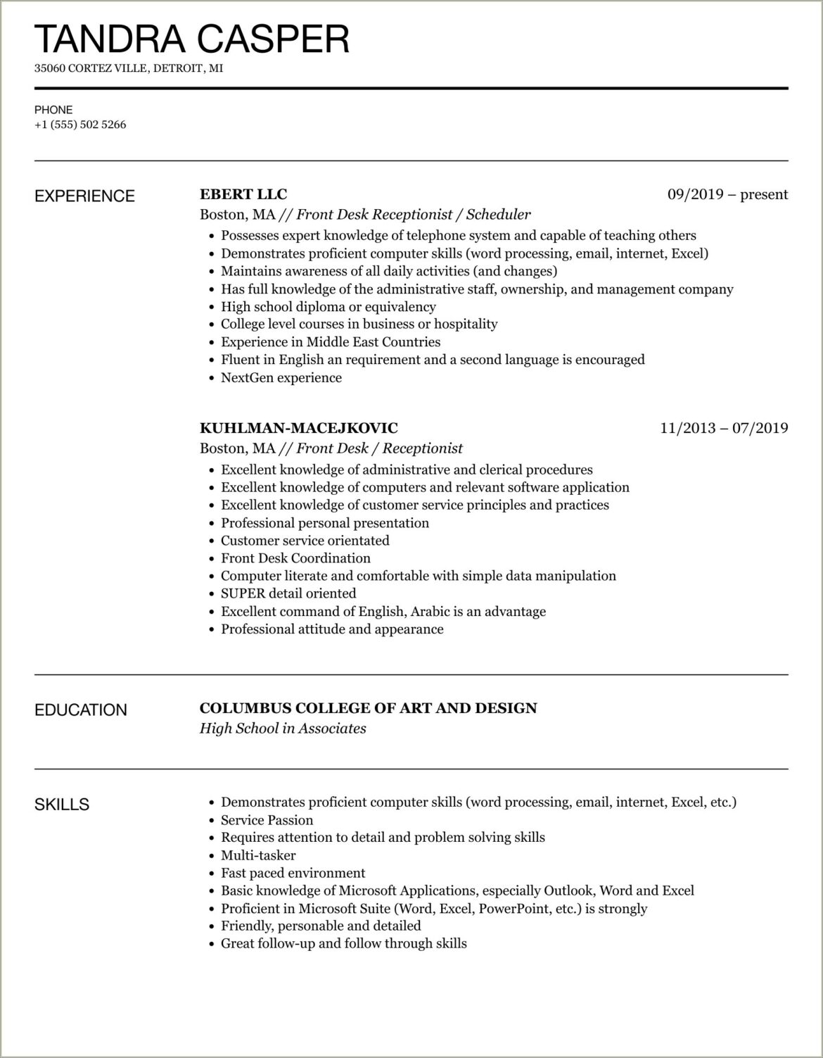 Medical Front Office Receptionist Resume Sample