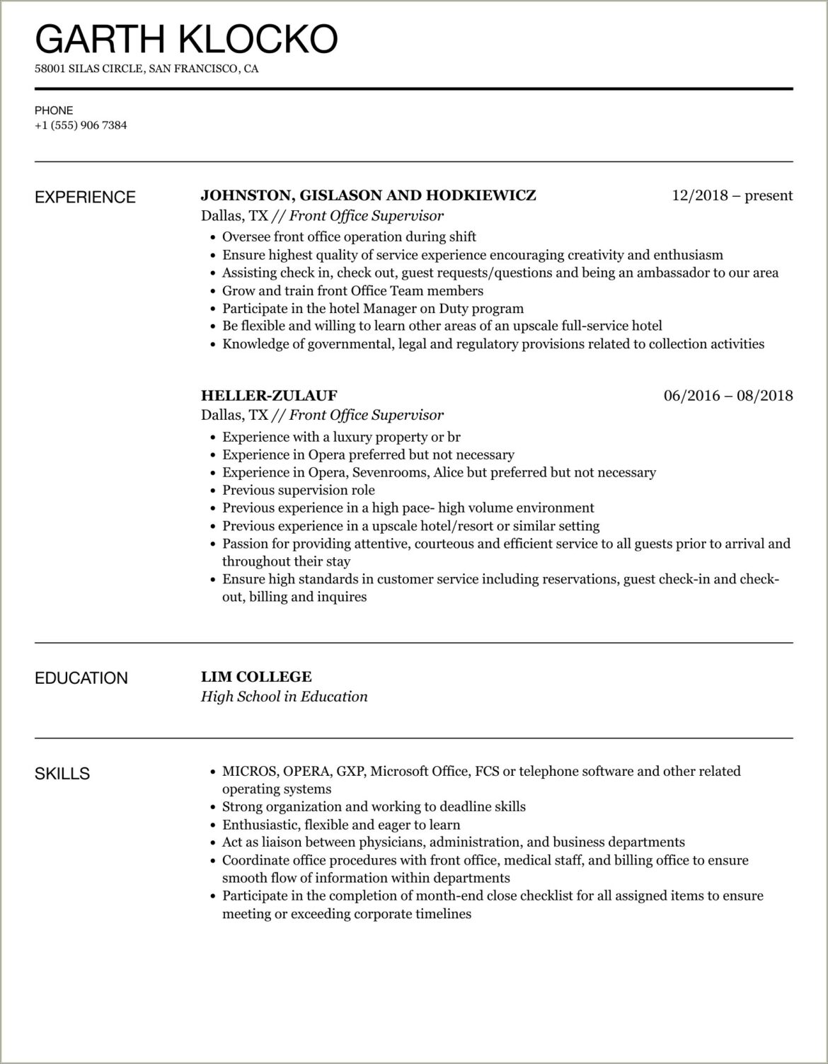 Medical Front Office Supervisor Resume Samples