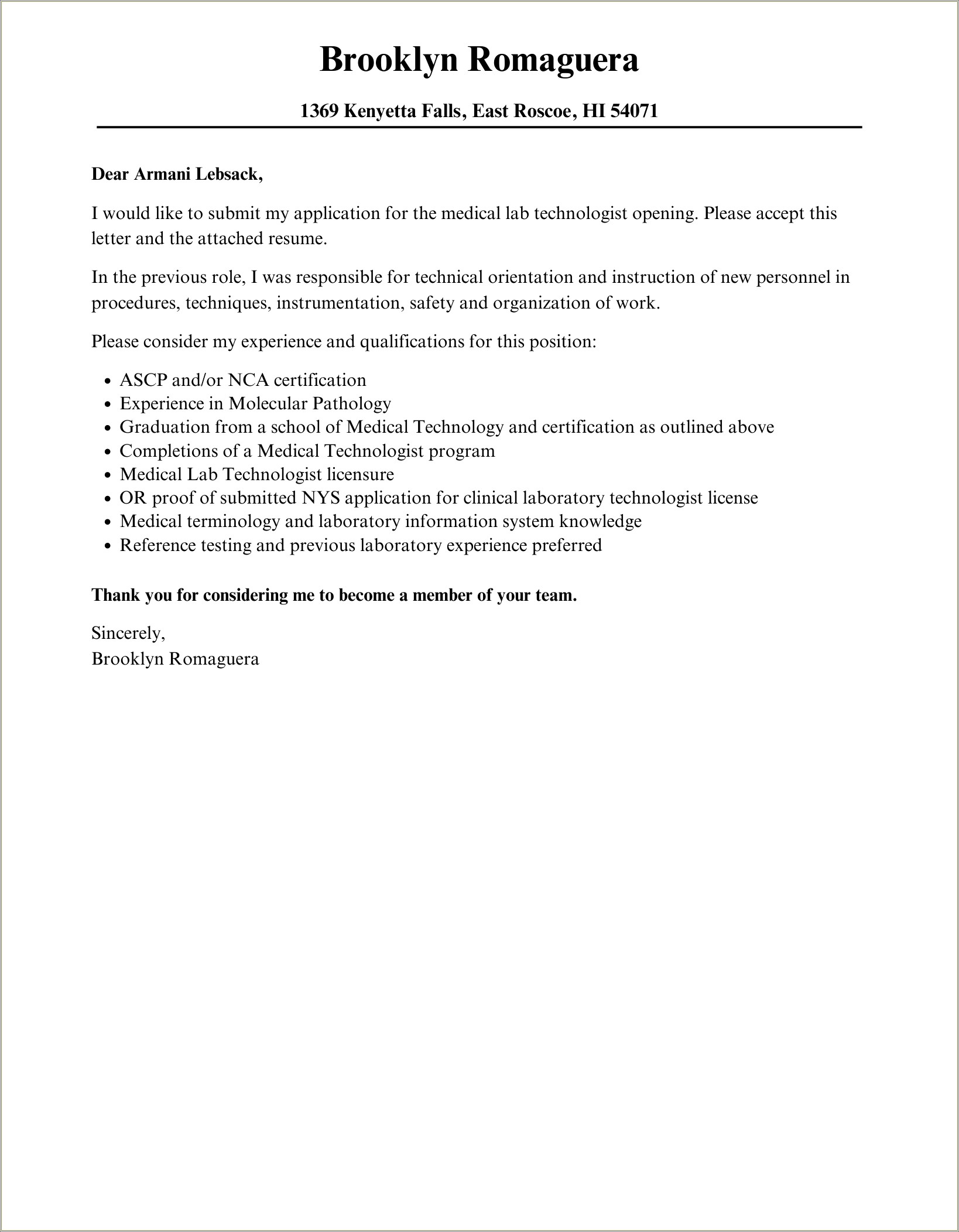 Medical Lab Technician Resume Cover Letter