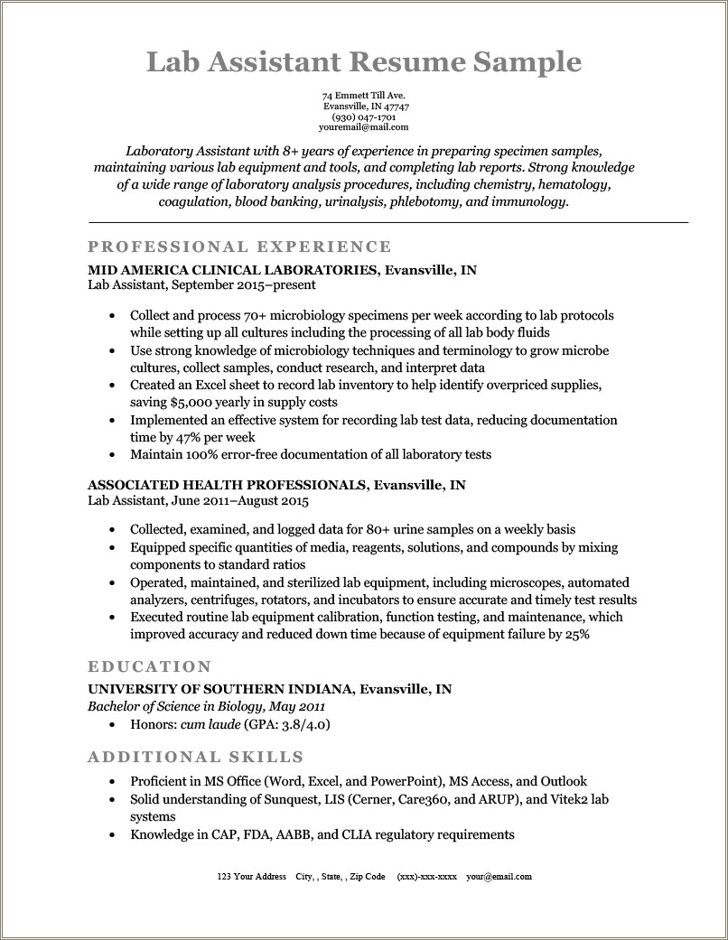 Medical Lab Technician Resume Sample Format