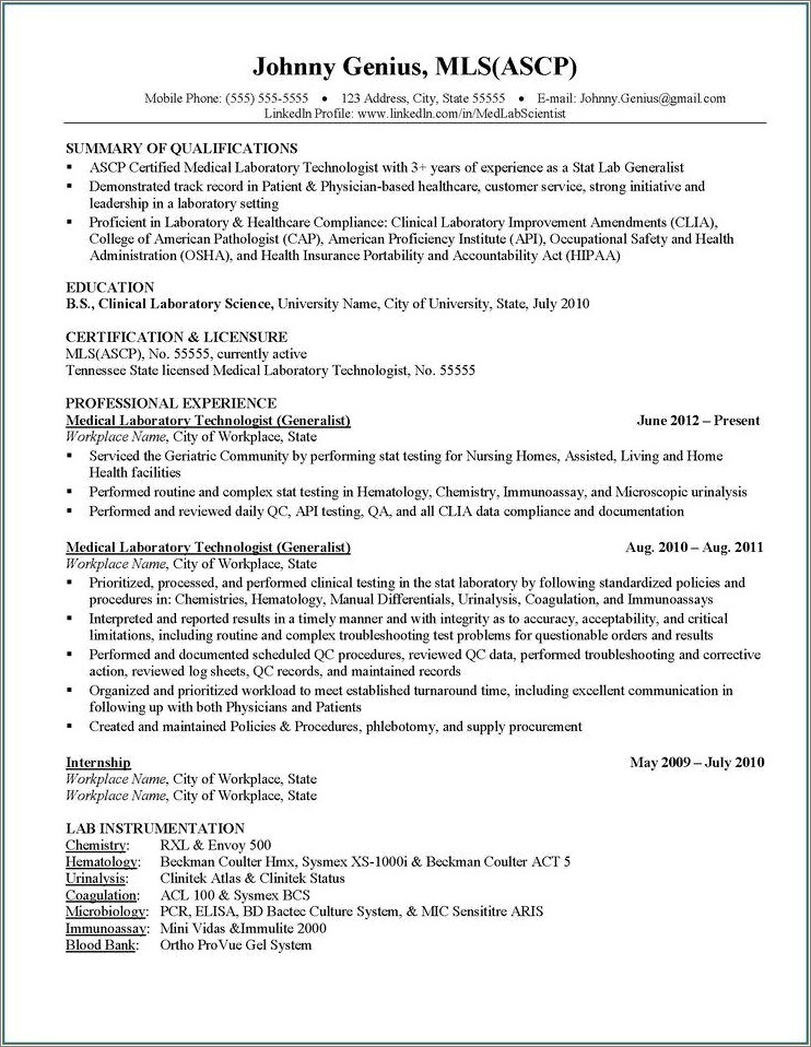 Medical Laboratory Scientist Resume For No Experience