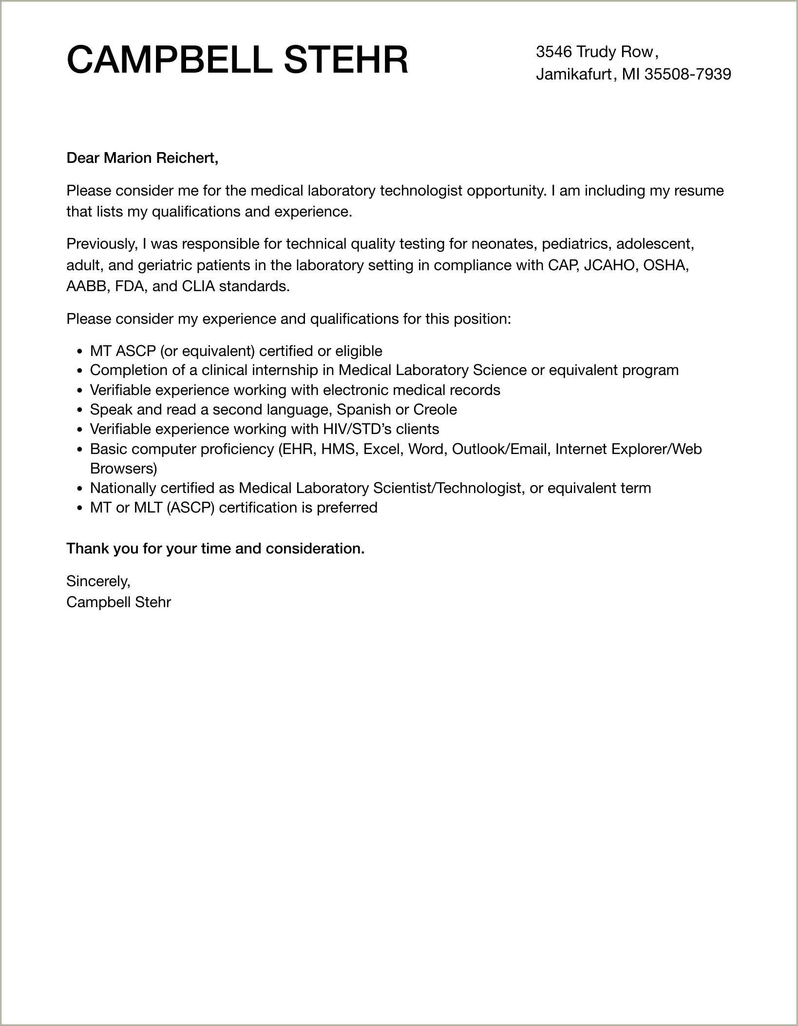 Medical Laboratory Technologist Resume Cover Letter