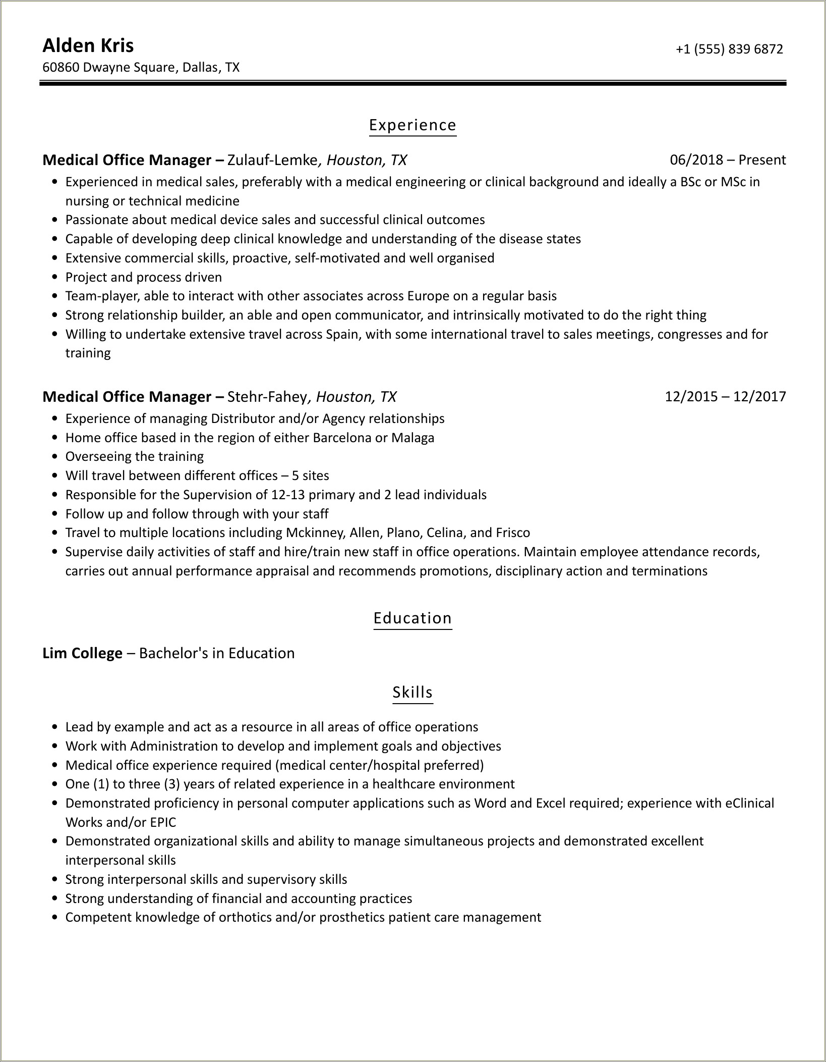 Medical Office Manager Job Description Resume