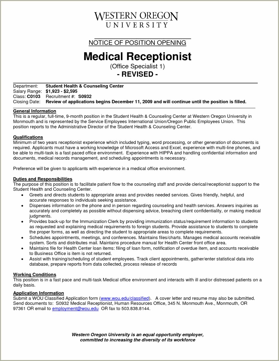 Medical Receptionist Sample Resume Cover Letter