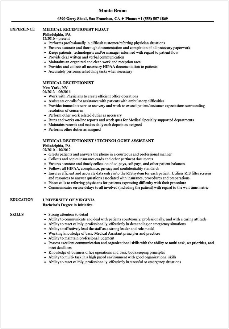 Medical Receptionist Summary For A Resume