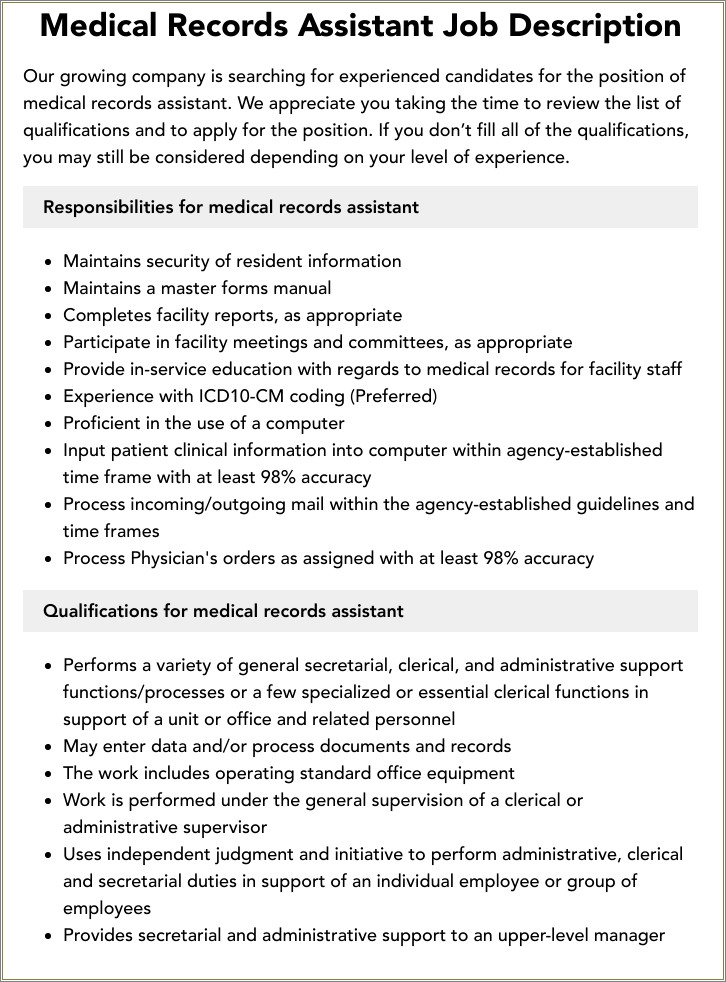 Medical Records Assistant Job Description Resume