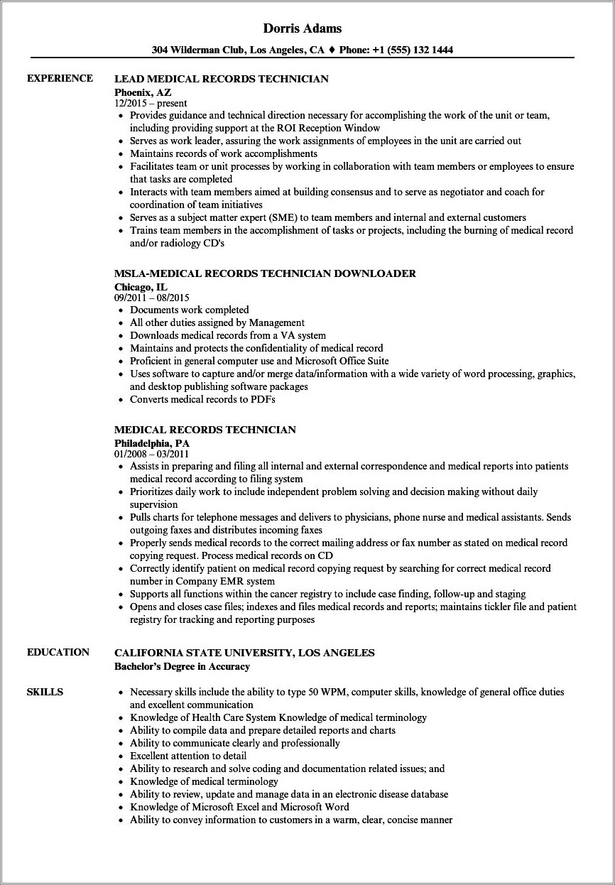 Medical Records Technician Job Description For Resume