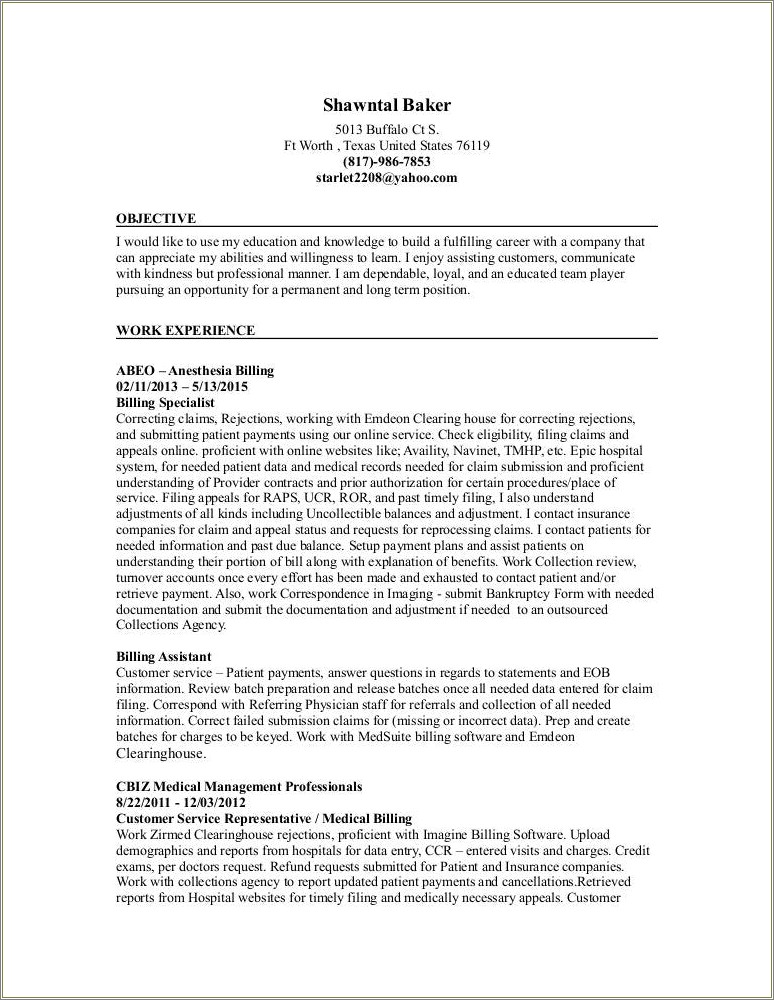 Medical Refunds And Reimbursement Specialist Resume Sample