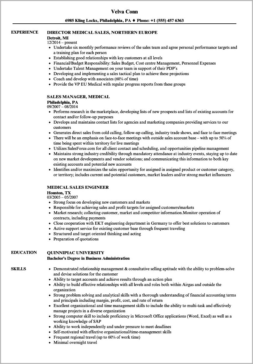 Medical Sales Without Experience Resume Example