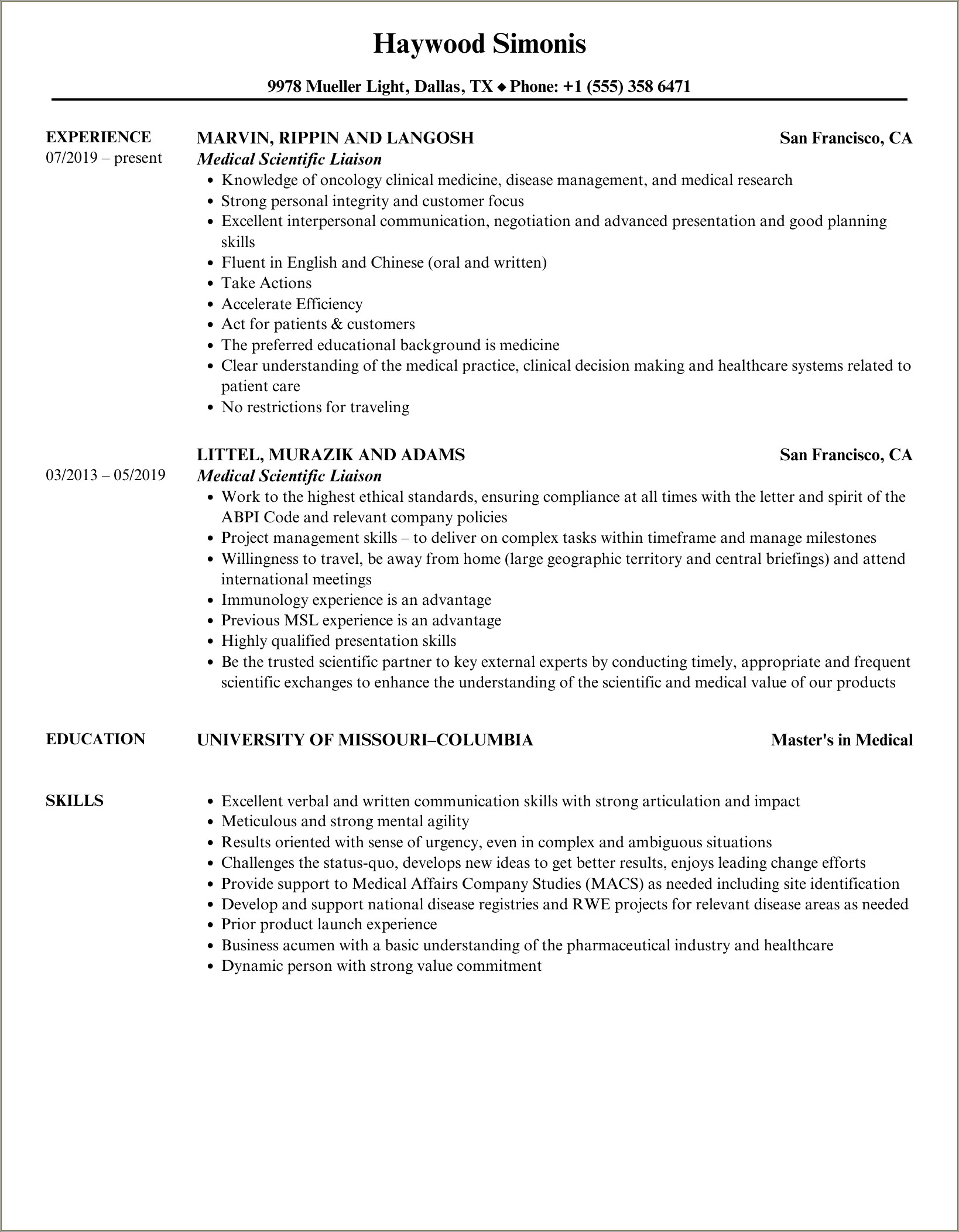 Medical Science Liasion Resume No Experience