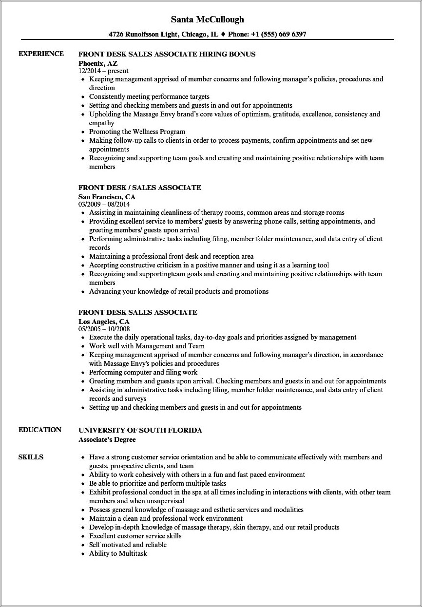 Medical Spa Front Desk Resume Experience