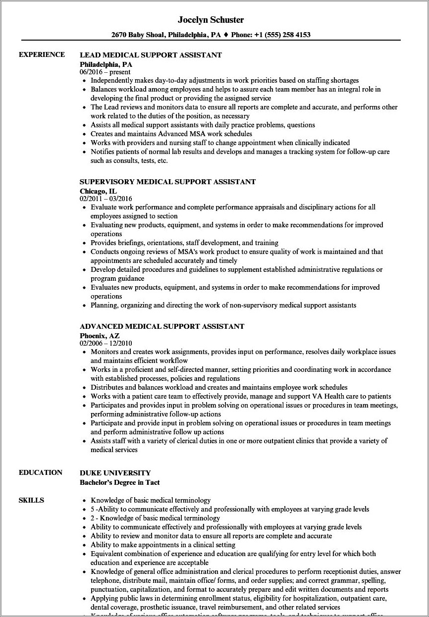 Medical Support Assistant Job Description For Resume