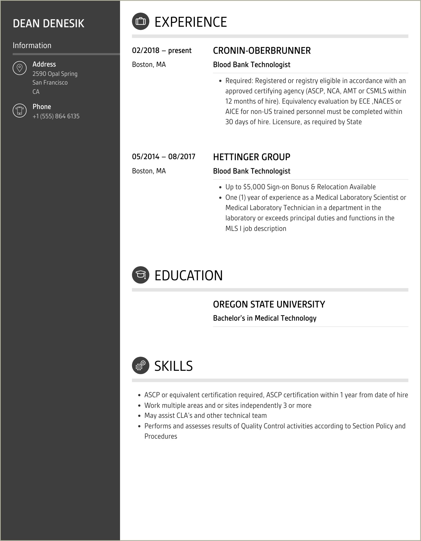 Medical Technologist Blood Bank Resume Examples