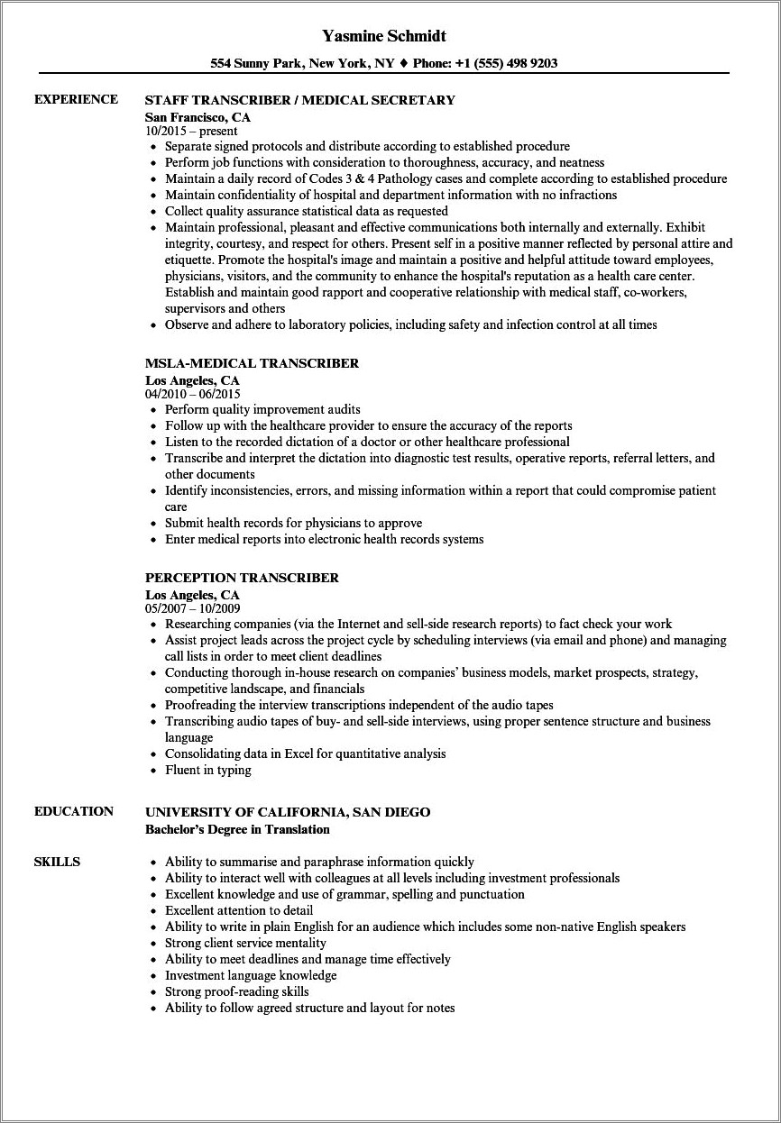 Medical Transcriptionist Job Description For Resume