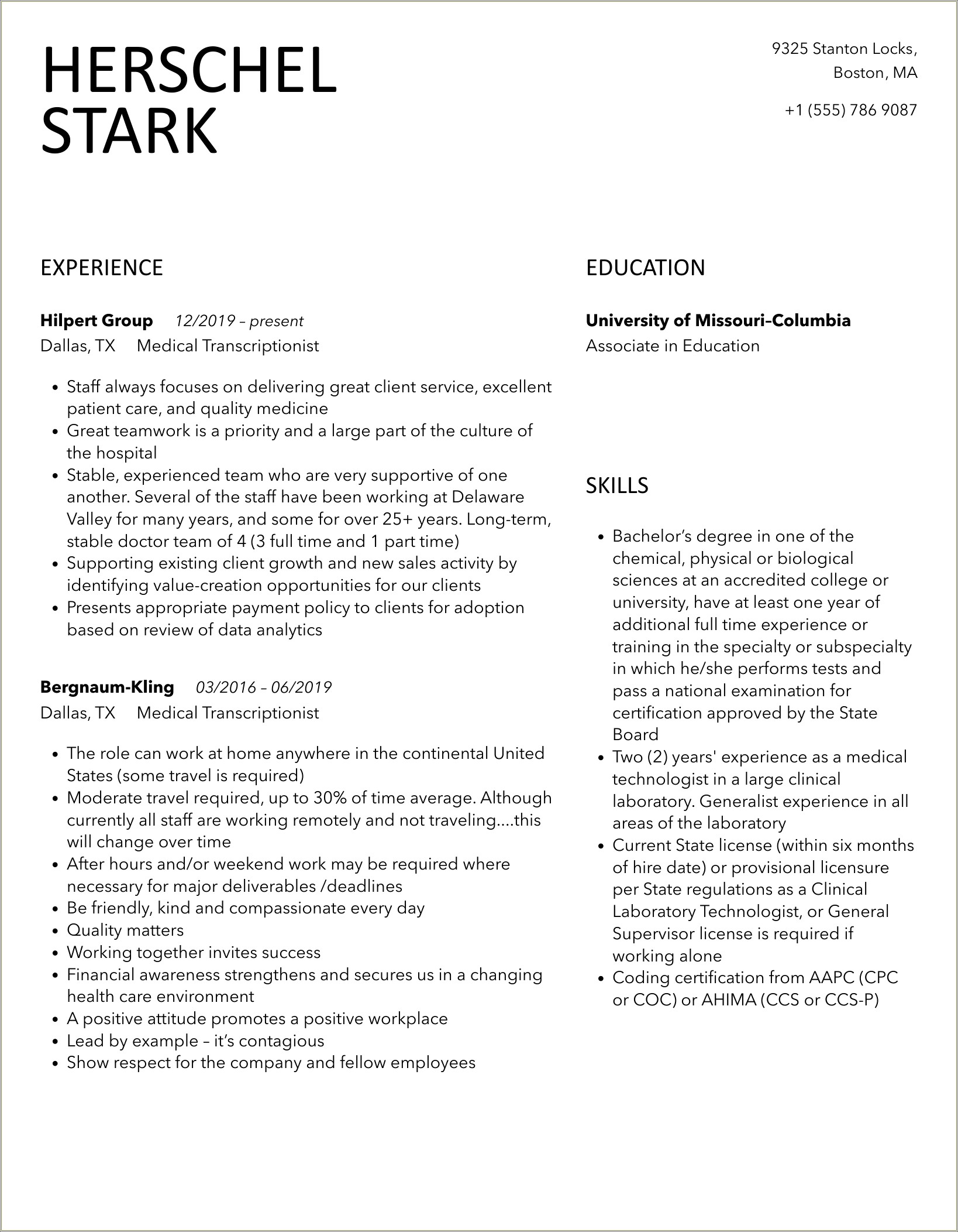 Medical Transcriptionist Resume Sample No Experience