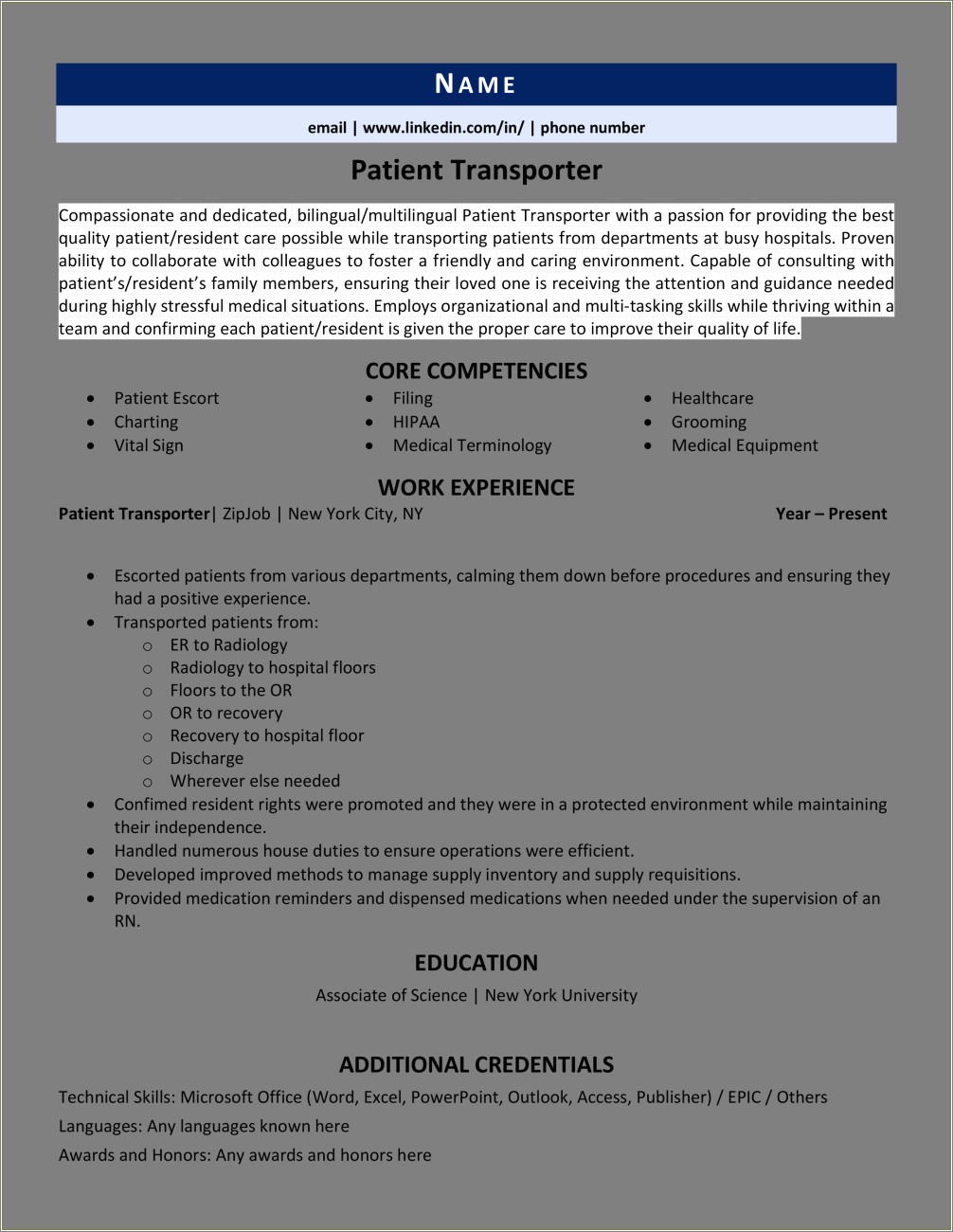Medical Transport Job Description For Resume