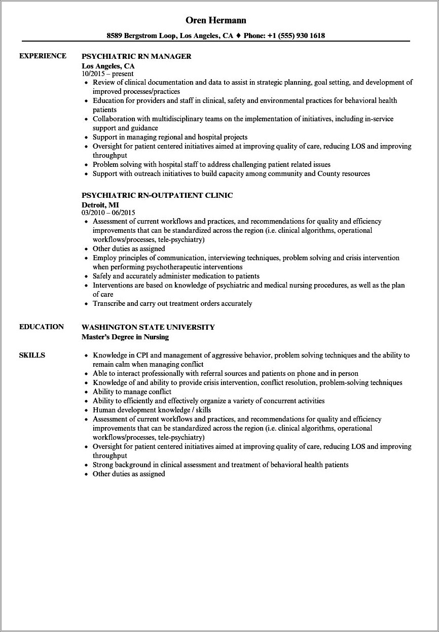 Mental Health Nurse Job Description Resume