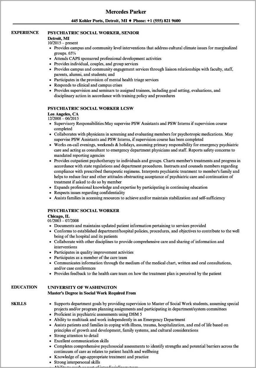 Mental Health Social Work Resume Examples