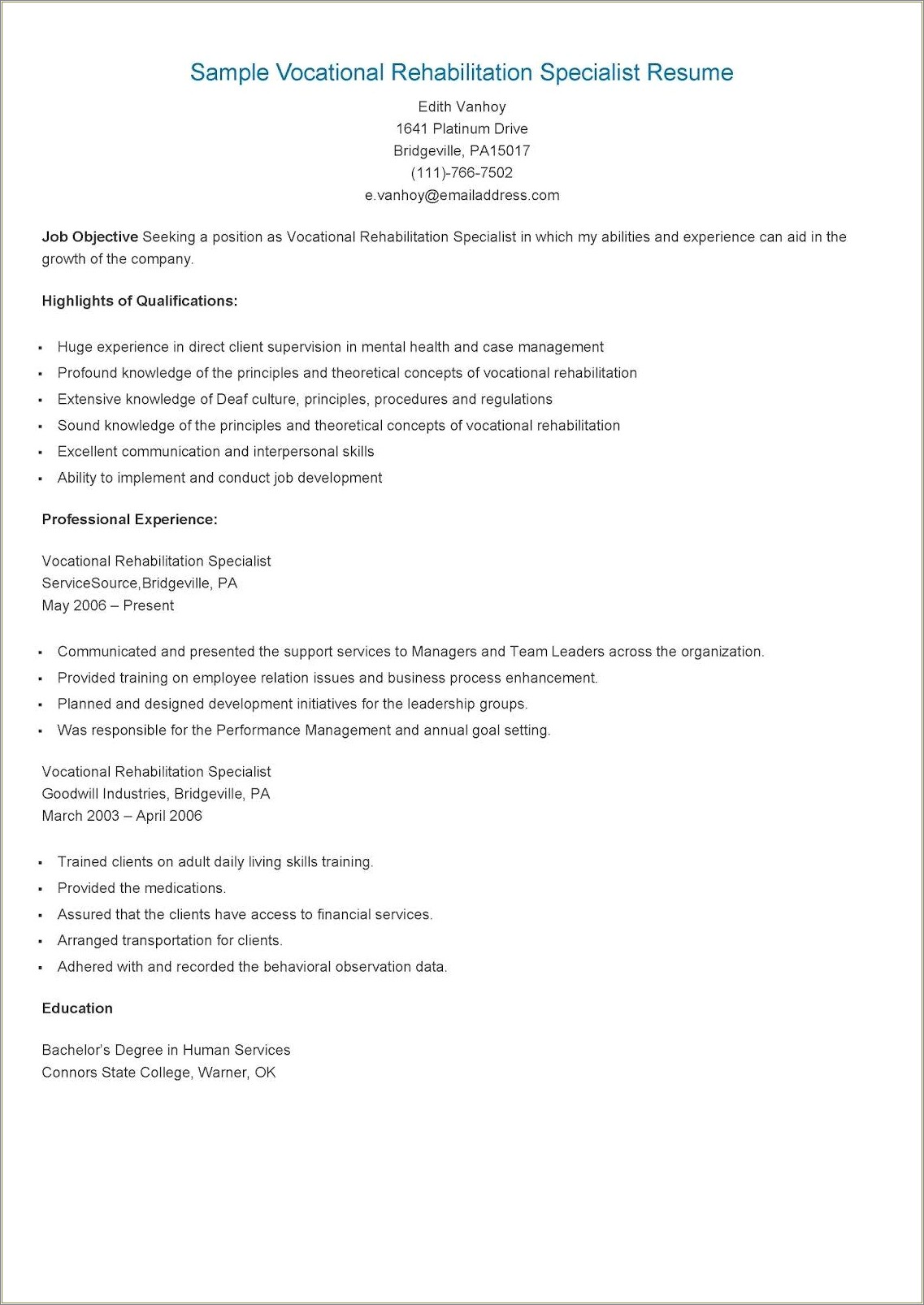 Mental Health Specialist Job Description For Resume