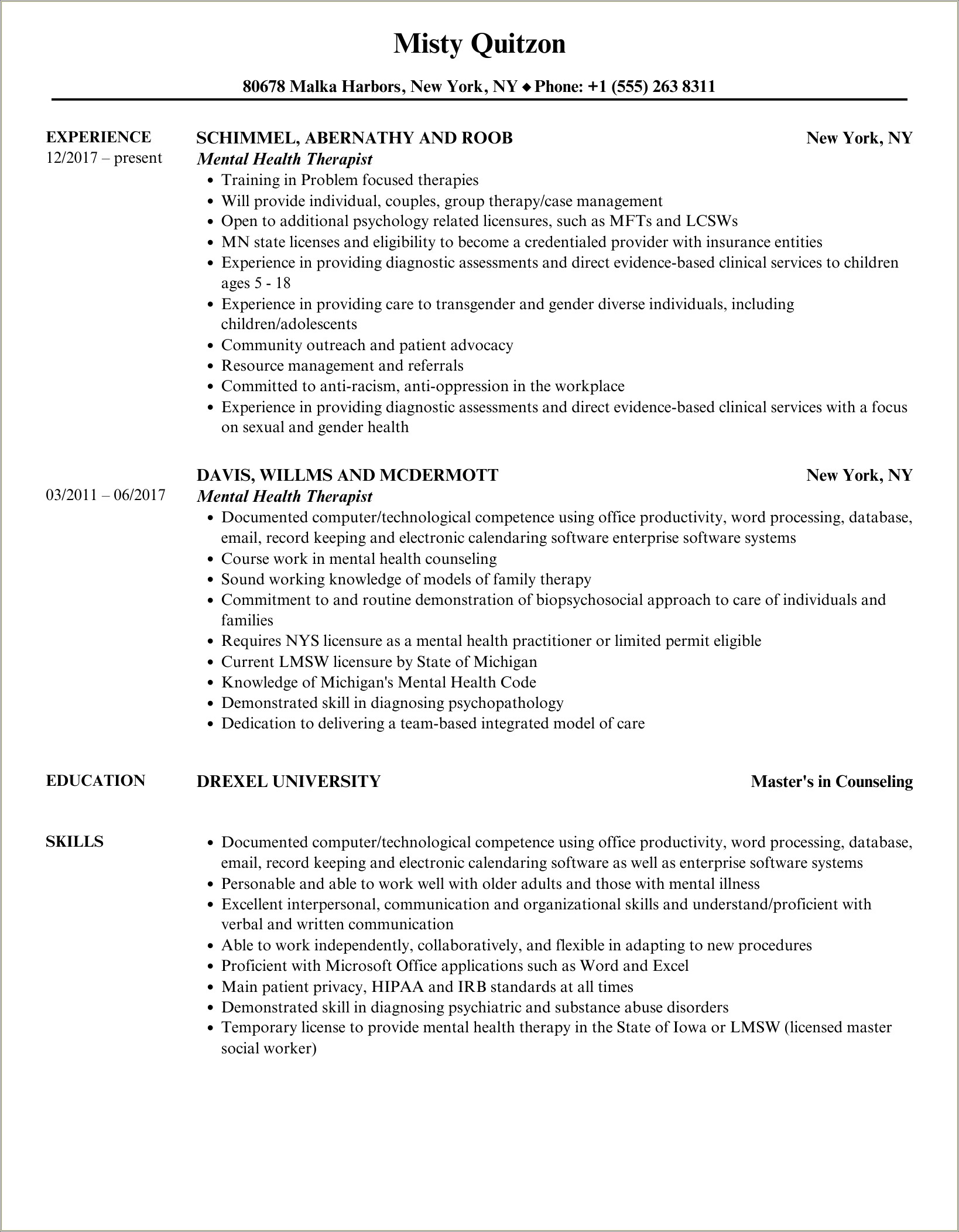 Mental Health Therapist Summary For Resume