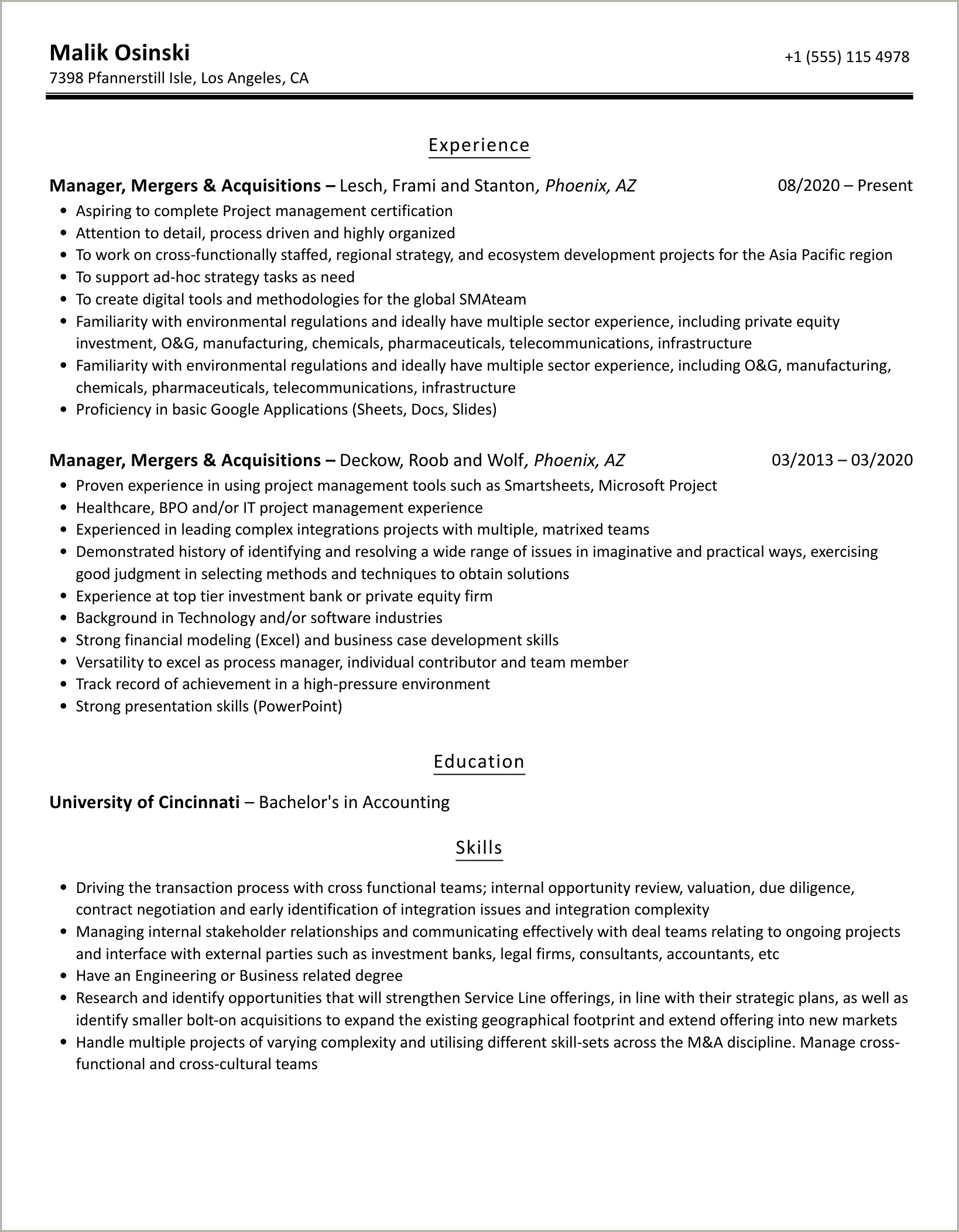 Mergers And Acquisitions Project Manager Resume