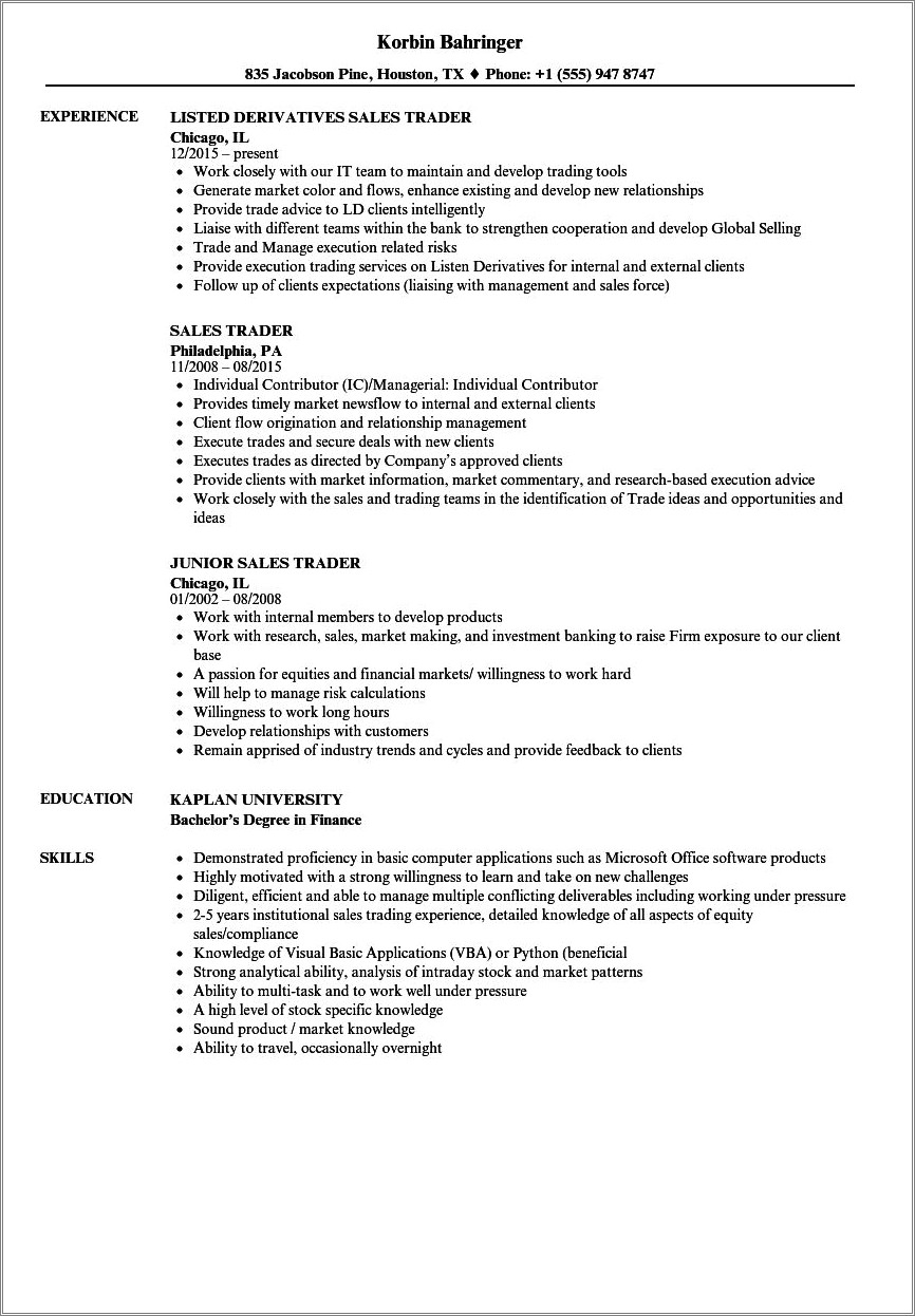 Mergers And Inquisitions Sales And Trading Resume Template