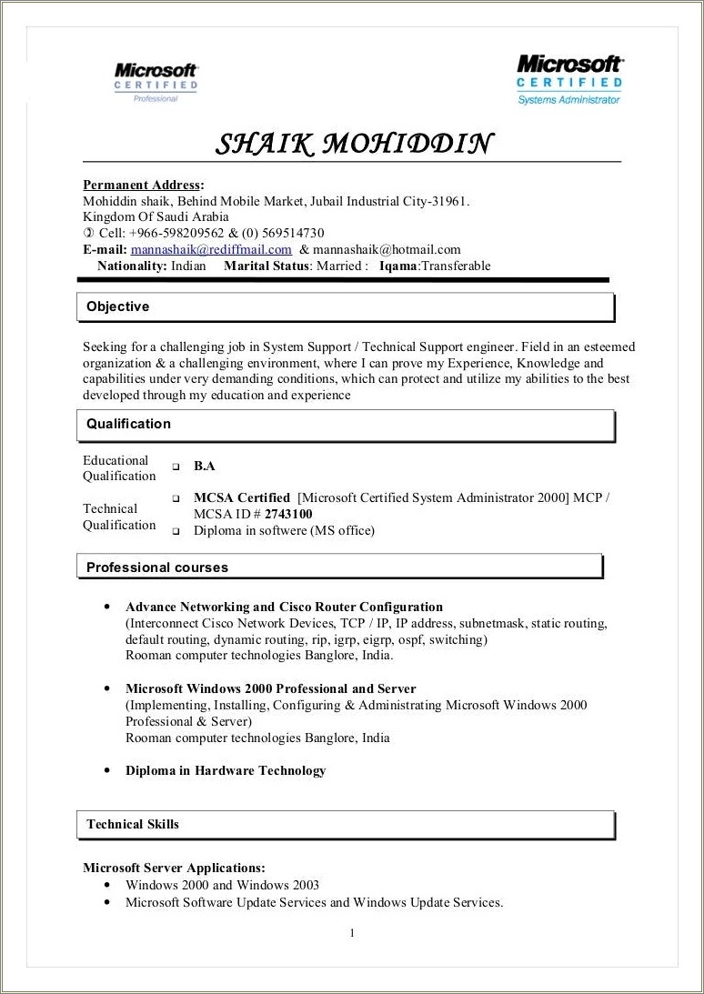 Microsoft Certified Systems Administrator Mcsa Resume Sample