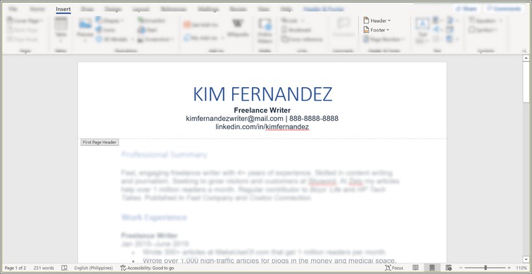 Microsoft Word Make A Header For A Resume