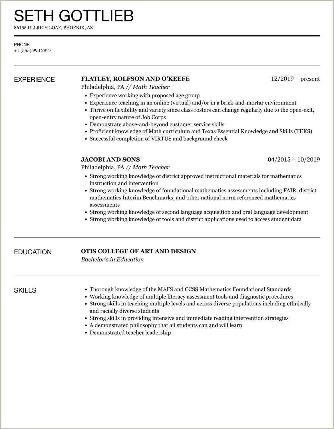 Middle School Math Teacher Resume Objective