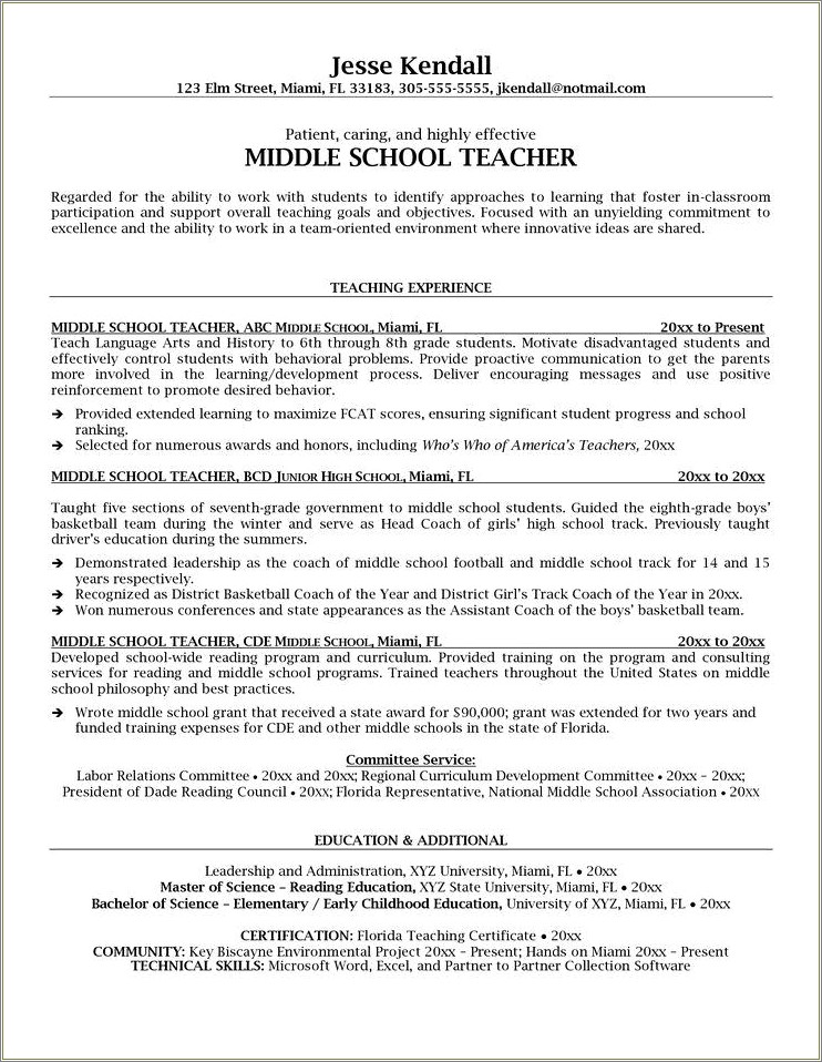 Middle School Teacher Job Description For Resume