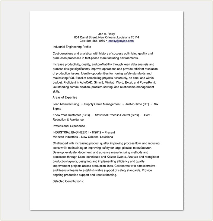 Minitab Experience In Manufacturing Industry Resume Example