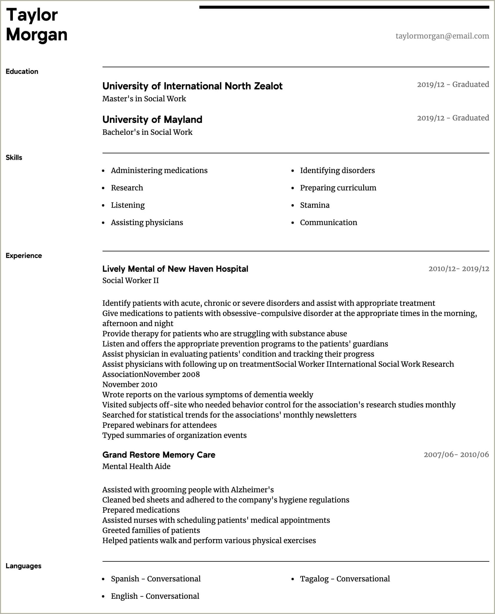 Model Resume For Medical Social Worker