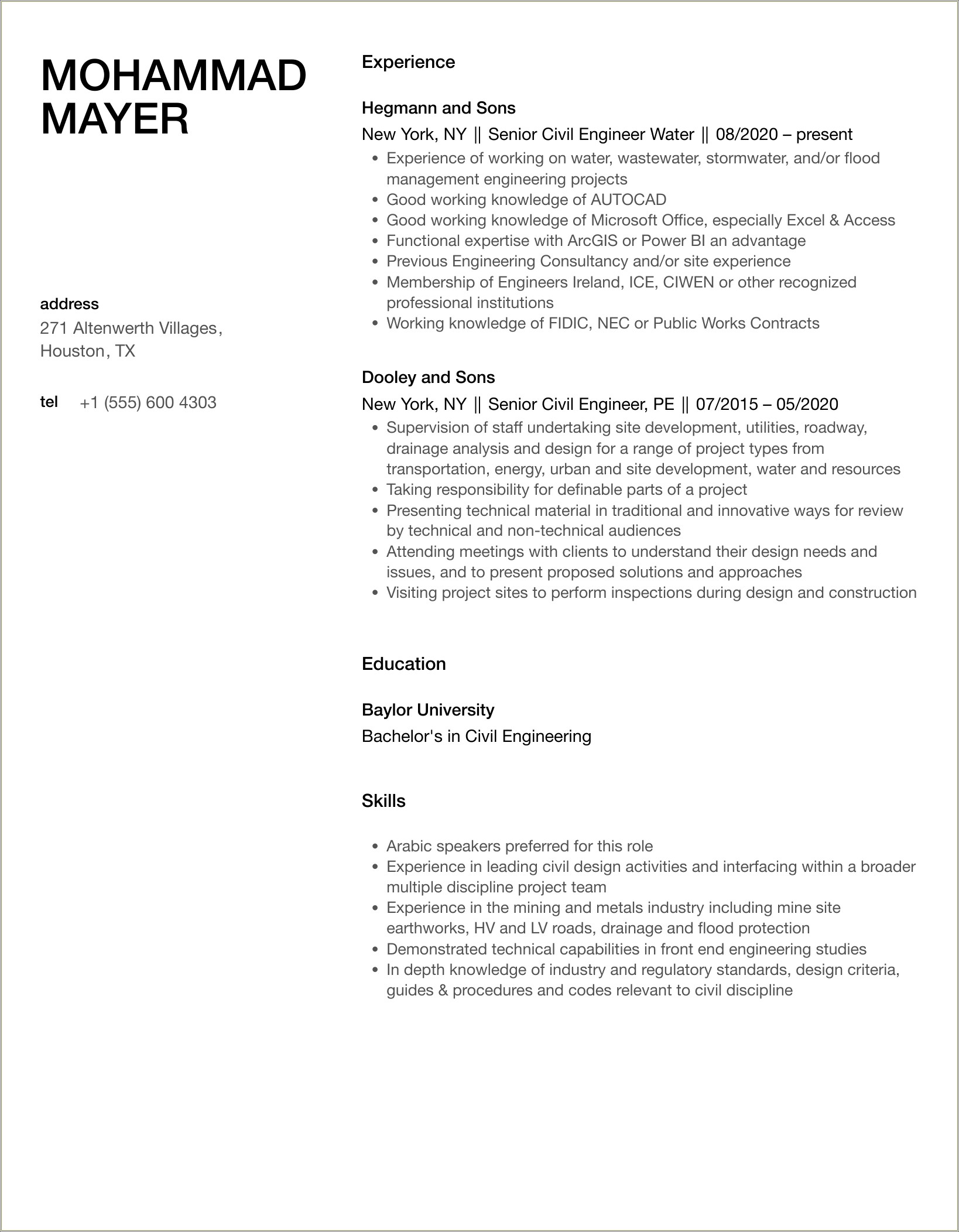 Monster Civil Engineering Resume With One Year Experience