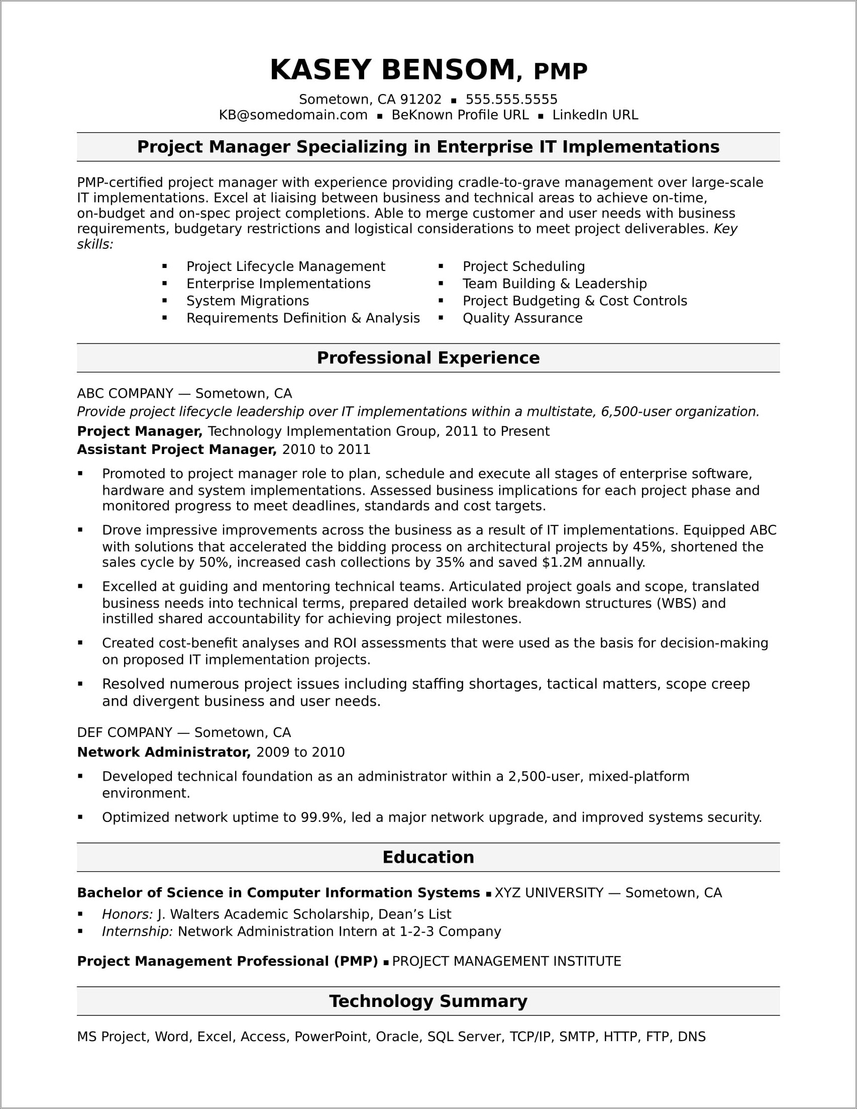 Monster Senior Project Manager Sample Resume