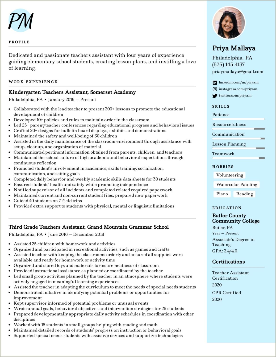 Montessori Resumes Of Teachers Asstant Summary Of Qualifications