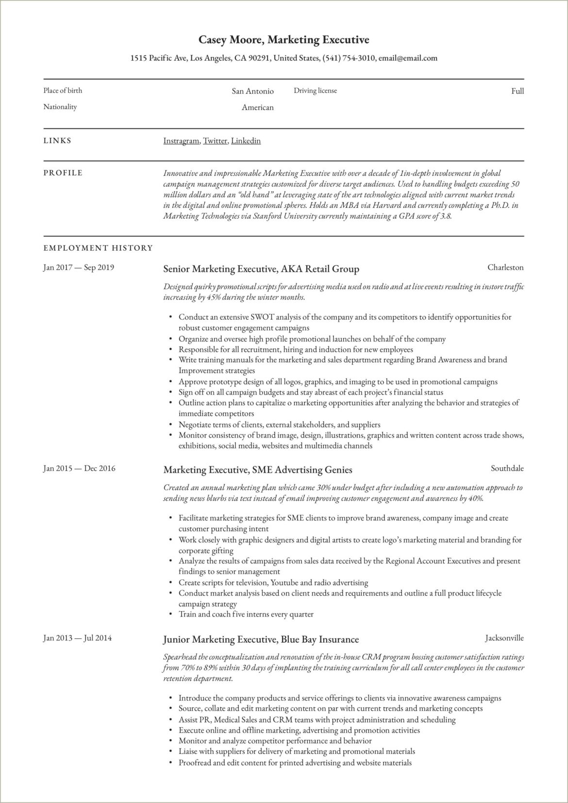 Moore School Of Business Mareting Resume