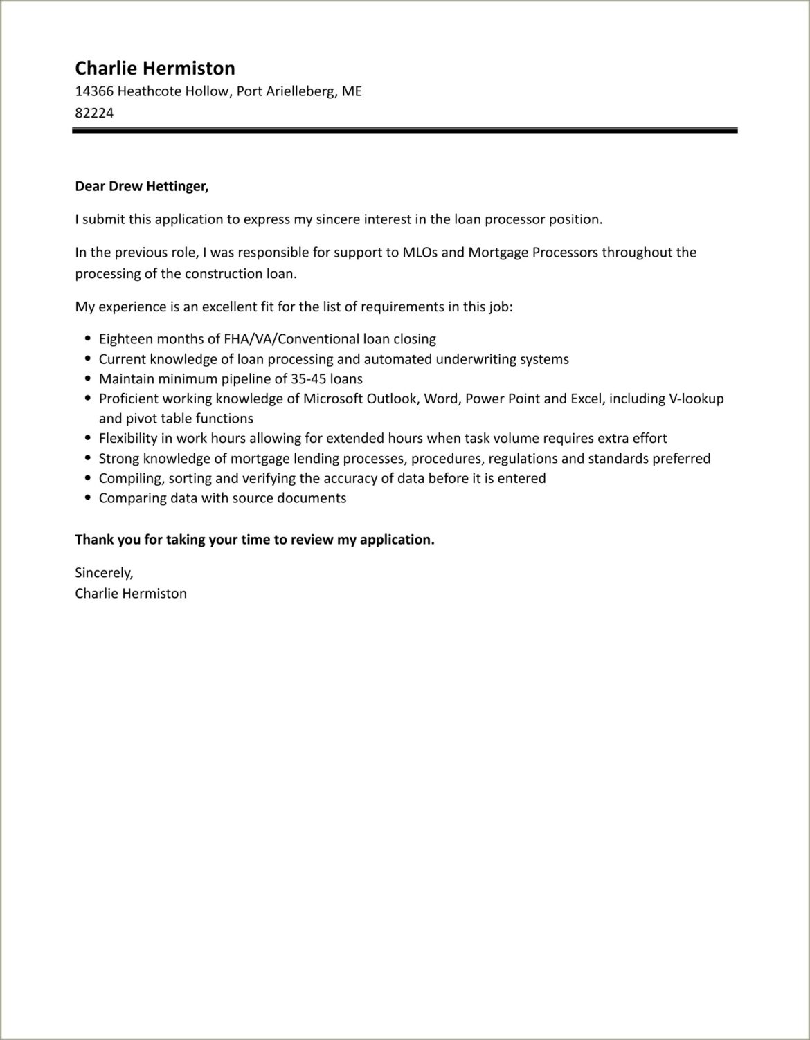 Mortgage Loan Processor Cover Letter Resume