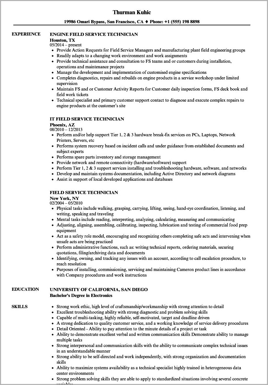 Mri Field Service Technician Resume Examples