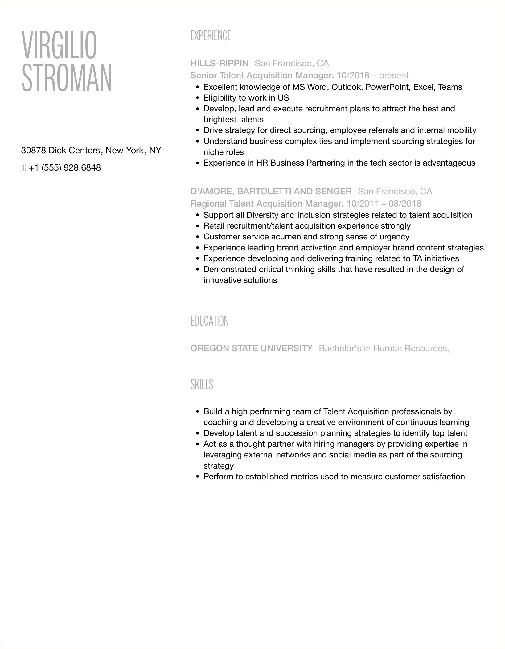 Ms Word Resume Templates For Talent Acquition Manager