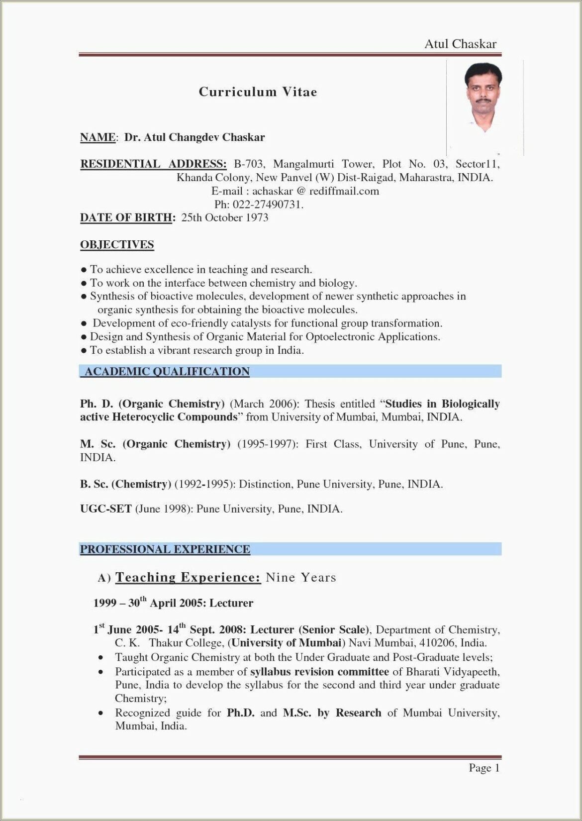 Msc Organic Chemistry Fresher Resumes Samples