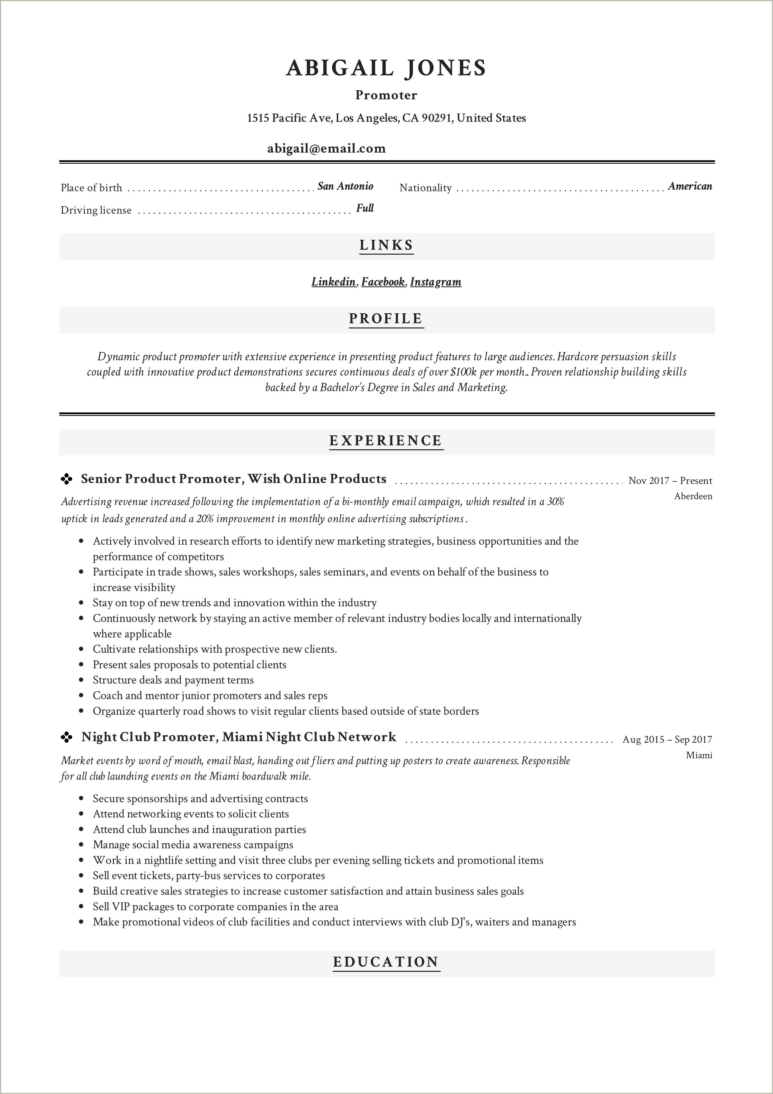 Music Promoter Job Description For Resume