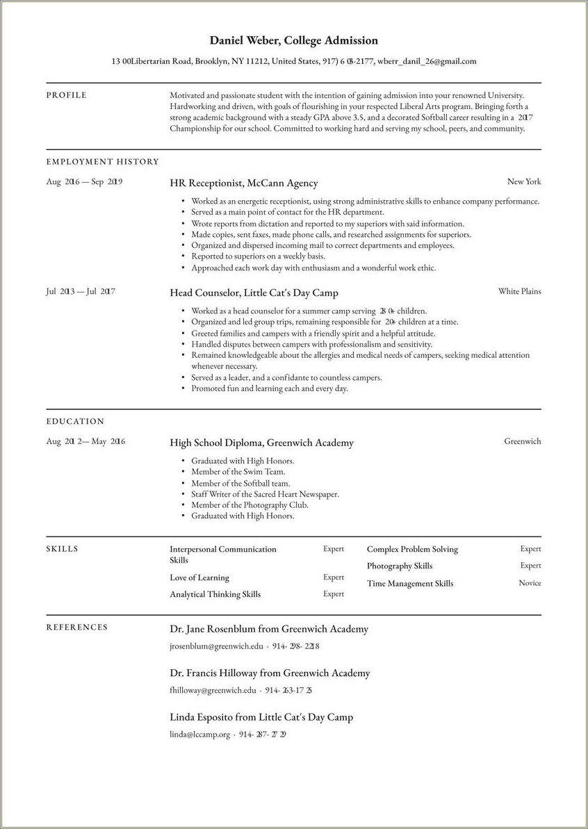 Music Resume For College Application Example