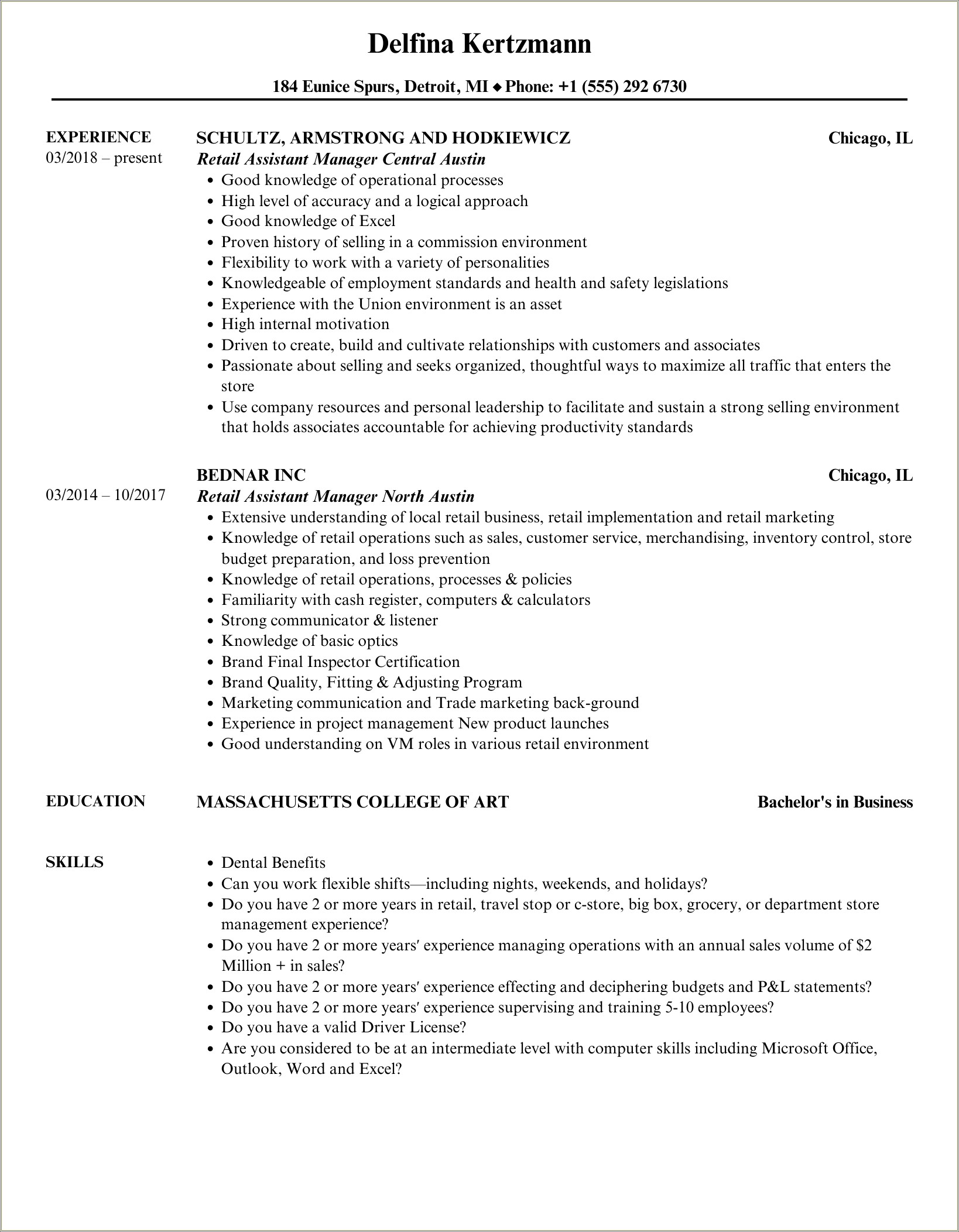 Music Store Assistant Manager Resume Sample