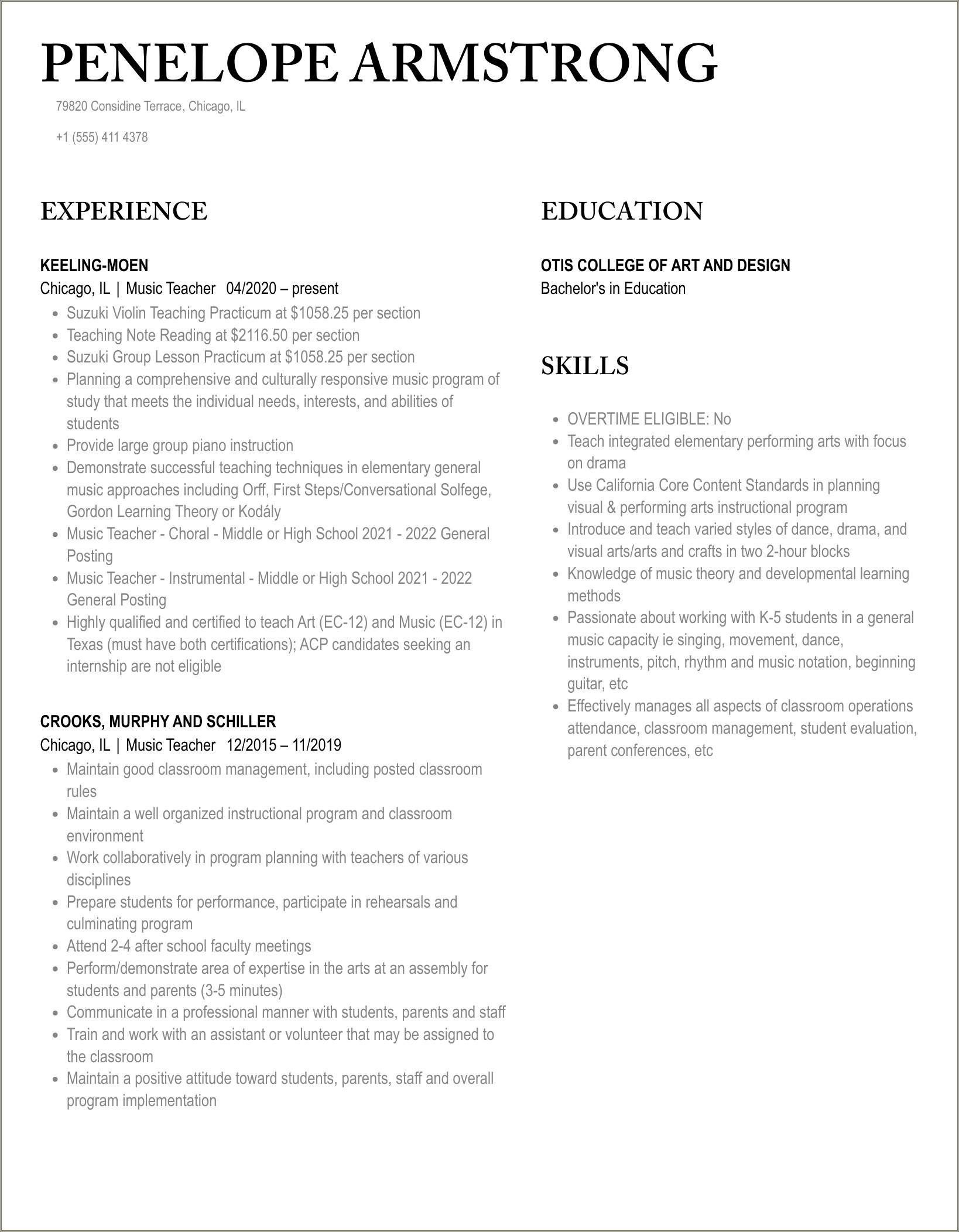 Music Teaching Resume Other Teaching Experience