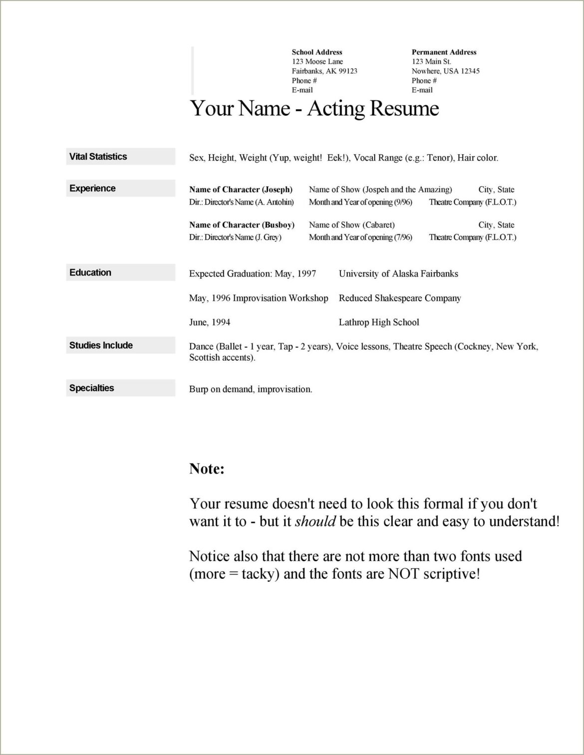 Musical Theater Resume Template Google Docs