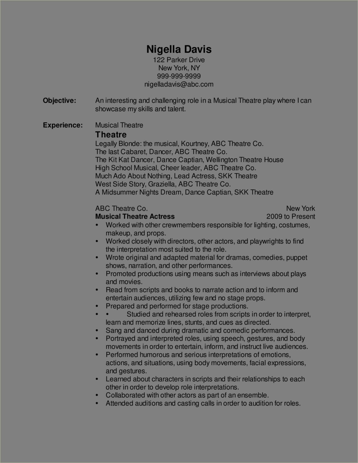 Musical Theatre Resume Template Google Docs