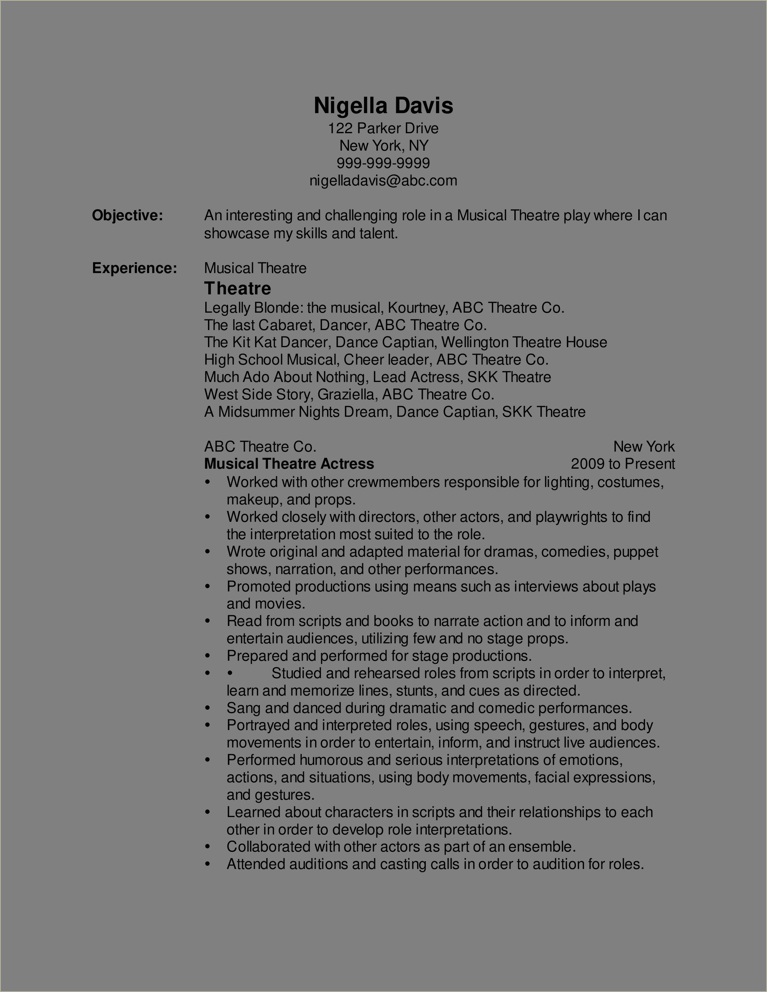 Musical Theatre Resume Template Google Docs